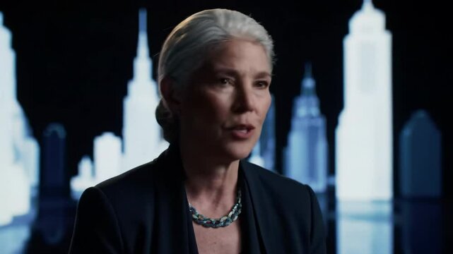 Close-up of an older silver-haired woman speaking calmly while soft holographic rays shift in the background of a futuristic space