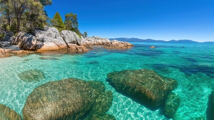 Fototapeta premium Crystal clear turquoise waters and rocky coastline in breathtaking scenery