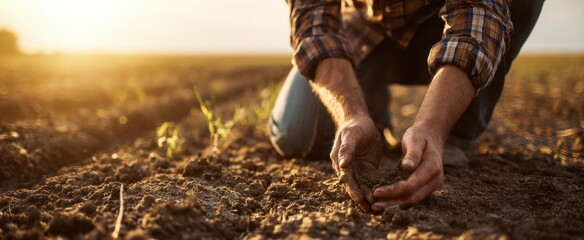 The farmer examining soil in the golden light of sunset on a field