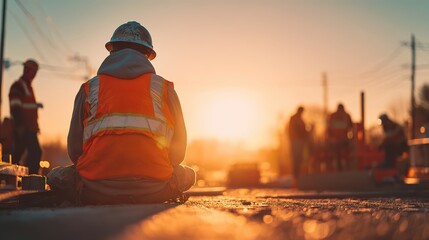Construction worker in high-visibility gear resting at sunset on job site, captured from behind during golden hour, symbolizing hard work and end-of-day reflection