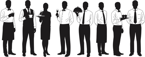 Silhouettes of professional restaurant waiters and waitresses serving drinks and food, hospitality team in uniform, isolated on white background