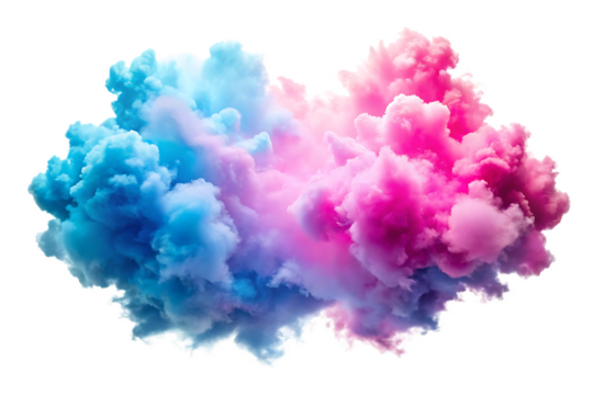Swirling pink and blue clouds with wispy edges and bright white highlights isolated on a transparent background