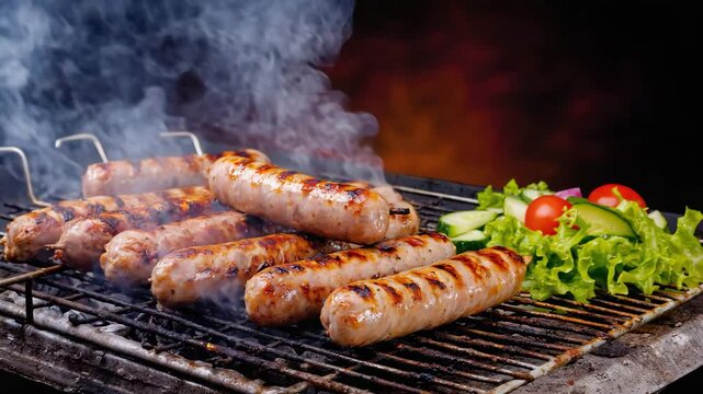Kebapche, Grilled sausages, Close-up shot of sizzling kebapche served with salad, Vibrant colors of grilled meats and fresh greens, Sunset lighting, Smoky and appetizing
