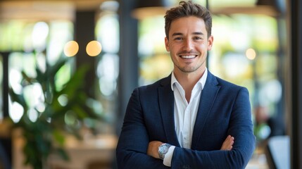 A smiling man in a suit standing in a modern office with a green plant in the background.