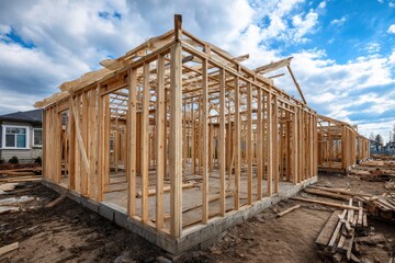 Wooden frame structure for a house being built