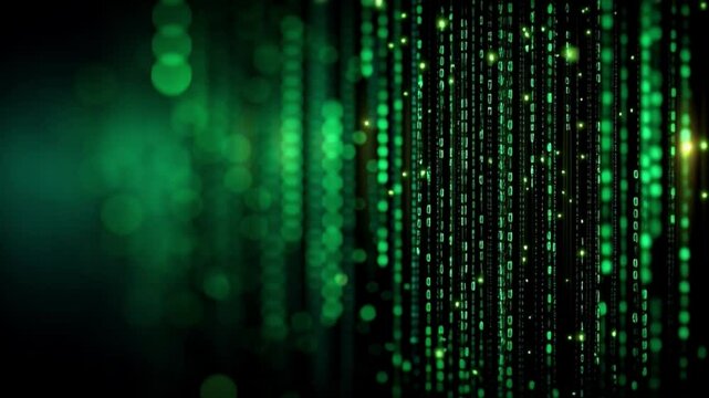 Digital green matrix with streaming binary code and glowing particles creates a futuristic, tech-inspired atmosphere.