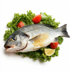 A fresh fish placed on a bed of lettuce and garnished with vegetables.