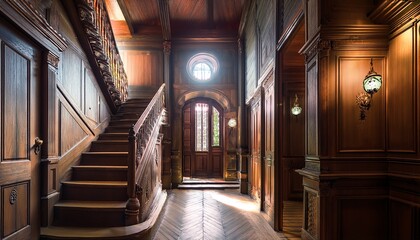 an aged hallway with wooden stairs and doors in soft light
