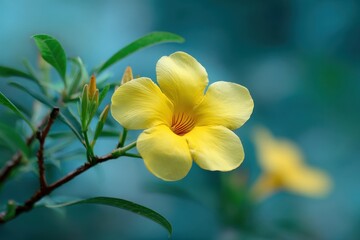 Fototapeta premium Yellow Allamanda cathartica in a blurred garden backdrop