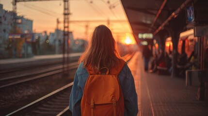 Sunrise Station Journey: A lone figure stands on a train platform during a captivating sunrise. The soft light bathes the scene. Evoking a sense of solitude and anticipation. A travel, transport.