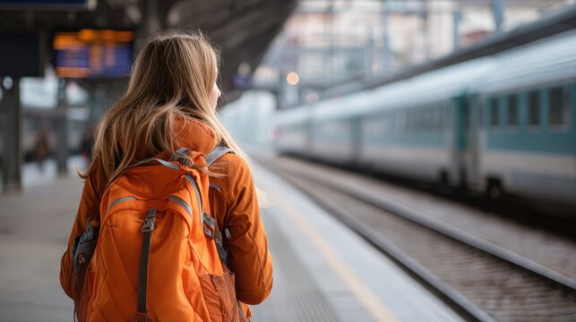 Traveler Awaits: A solitary young woman with a backpack stands on a train platform, lost in thought as she anticipates her journey. - Powered by Adobe
