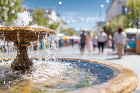 water fountain in busy city square