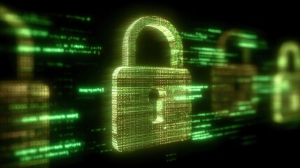 Digital Security Lock Icon Floating in Green Data Stream with Security and Privacy Concept for Cyber Protection and Information Security