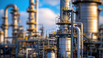 A large industrial oil refinery with multiple towers and pipelines in a cloudy sky background.