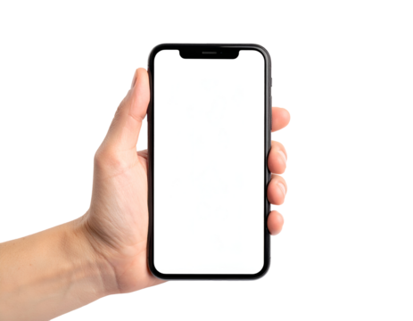 A human hand securely holds a contemporary mobile device showcasing a bright blank screen.