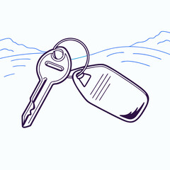 Key with Tag Floating on Water, Minimalist Illustration