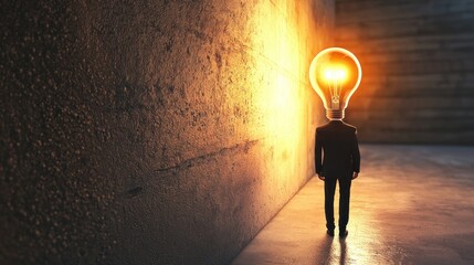 A man with a light bulb on his head standing in a dark room with a concrete wall.