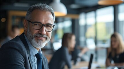 Fototapeta premium A middle-aged man in a suit and tie, smiling warmly, in a modern office setting with a blurred background of other office workers.