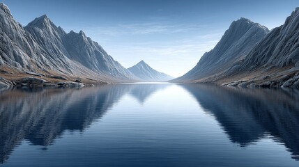 Tranquil sunrise over calm fjord vivid reflections of mountains in serene lake nature's breathtaking beauty