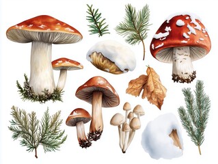 Realistic and charming watercolor artwork featuring wild mushrooms and forest elements. The collection captures the earthy textures and delicate beauty of fungi in a natural setting.