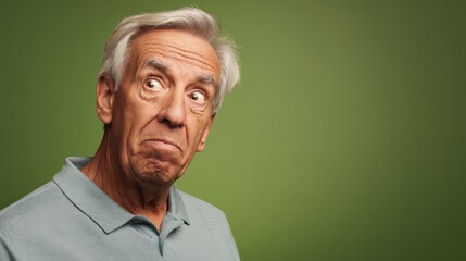 An elderly man with a playful and expressive face, standing out against a simple green background, full of character and charm.