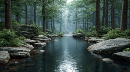 Tranquil flow of a forest stream at sunrise misty morning landscape nature's beauty in the mountains