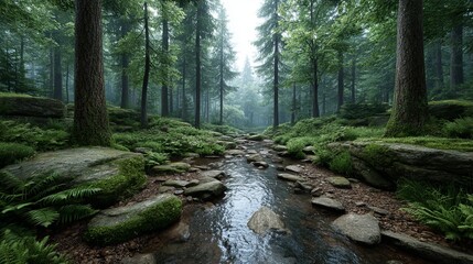 Calm forest stream at sunrise misty morning reflections in a natural landscape of waterfalls and trees