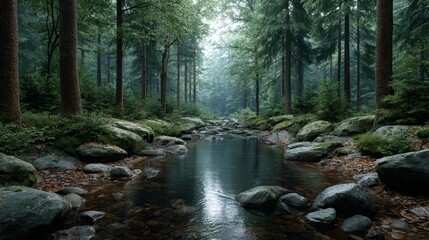 Tranquil stream flowing through misty forest at sunrise photorealistic nature scene captivating mountain landscape peaceful water reflection