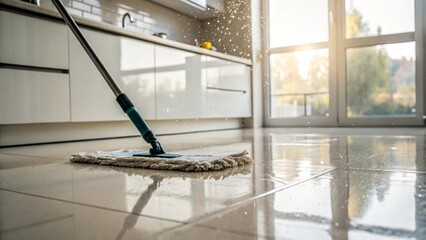 Bright sunlight illuminates a freshly mopped floor, showcasing the wet surface and reflections, with a mop in action and a large window in the background, depicting a clean