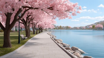 Witness the cherry blossom bloom at riverside park nature's photorealism with trees water and sunrise mountains