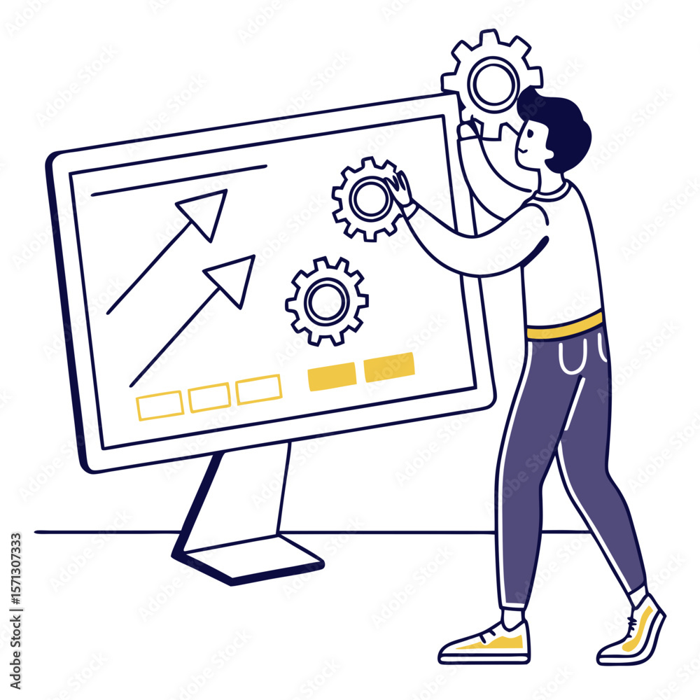 Poster man adjusting gears on large computer monitor