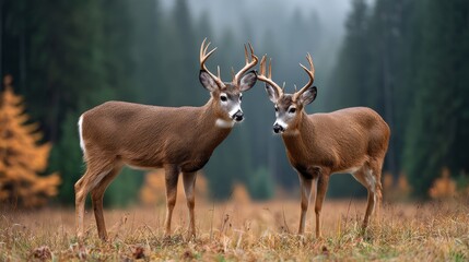 Grazing deer in a tranquil meadow surrounded by a vivid forest near a serene river at sunrise