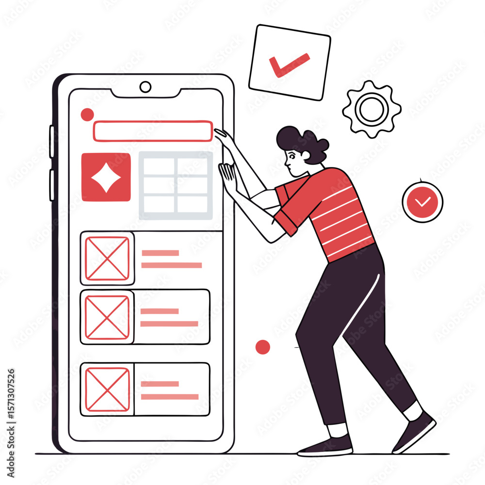 Poster man interacting with mobile app interface design