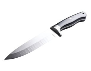 A gleaming metallic blade with a dark ergonomic handle rests diagonally, showcasing its sharp utility.