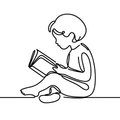Minimalist line drawing of a child reading a book while sitting on the floor, black outline on white background, education and learning concept