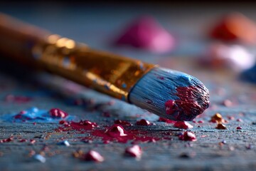 Fototapeta premium Macro view captures blue tipped paintbrush resting amongst vibrant paint splatters on textured