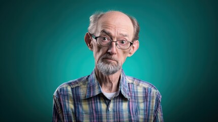 Obraz premium An elderly man with a playful and expressive face, standing out against a simple green background, full of character and charm.