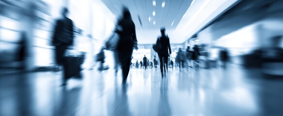 The blurred figures of commuters moving through a busy urban space