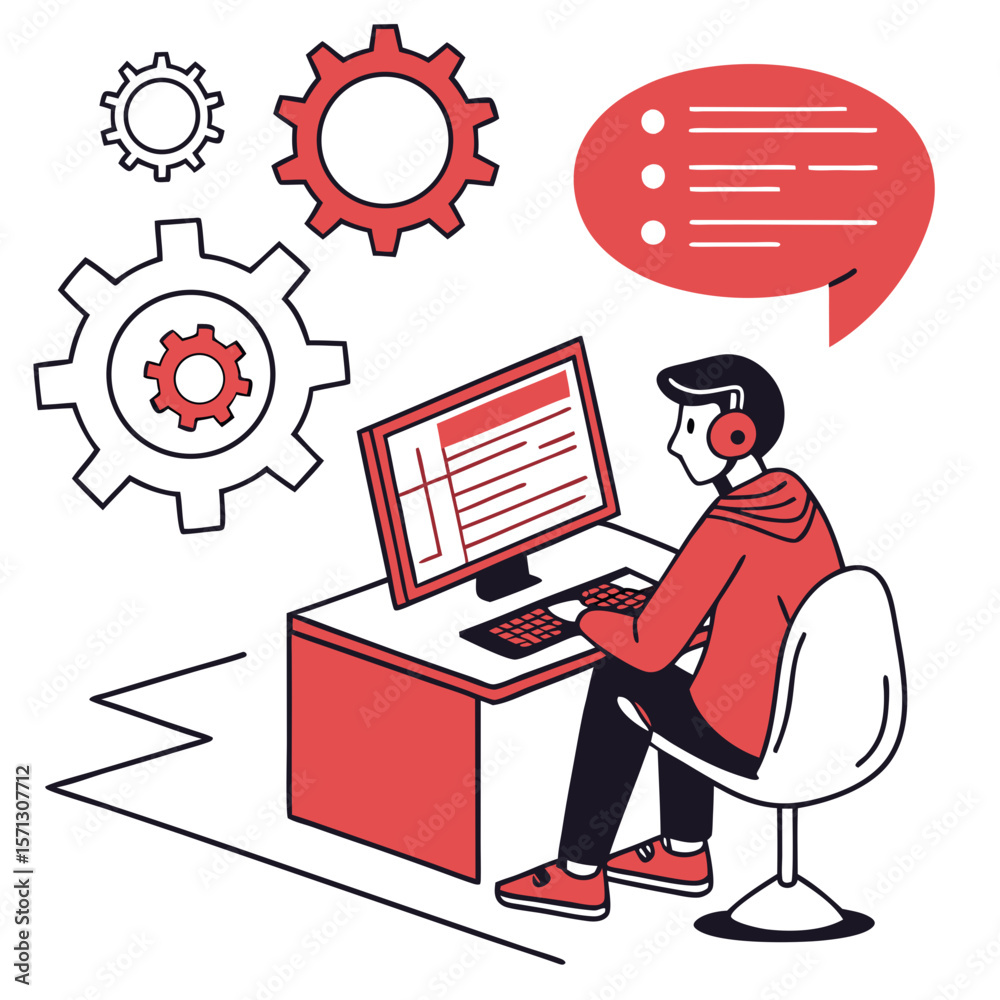 Poster man working at computer with headset and gears