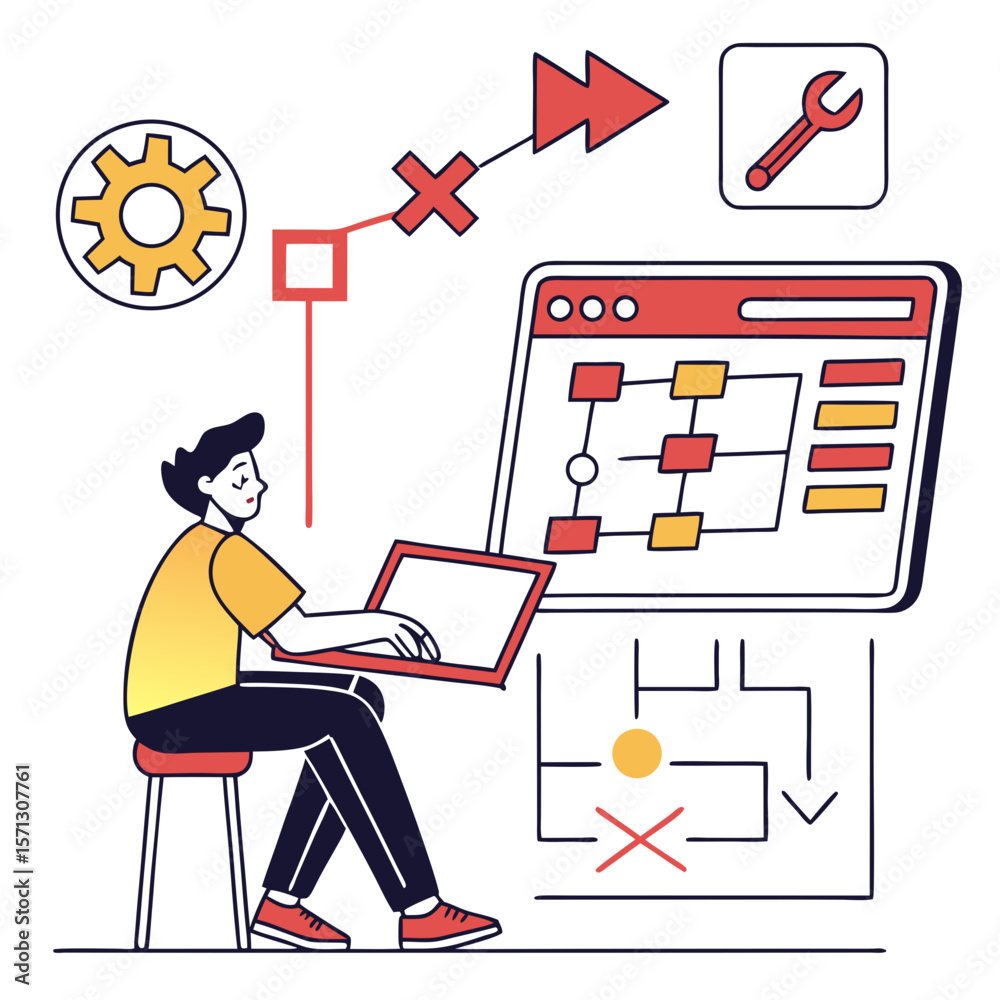 Poster man working on laptop with colorful flowchart and design elements