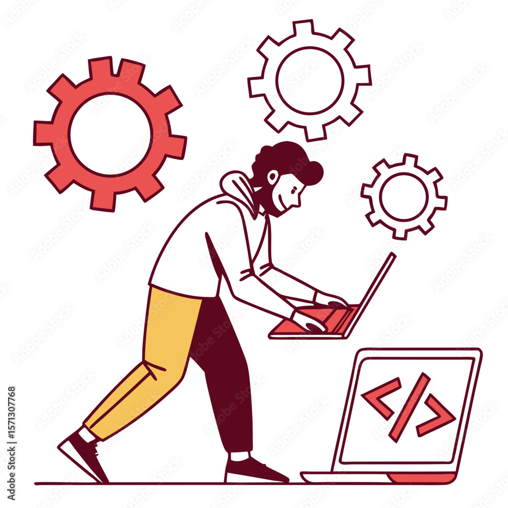 Poster man working on laptop with code and gears