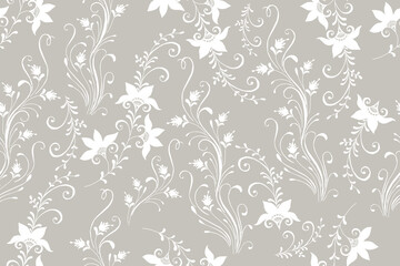 Seamless floral wallpaper. Decorative vintage pattern in classic style with flowers and twigs. Two tone ornament with white peony silhouette on gray background