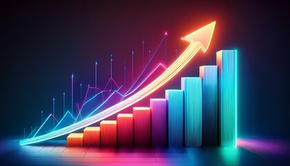 glowing neon arrow ascends over a bar graph symbolizing growth and progress against a dark background the vibrant colors highlight upward trajectory and success