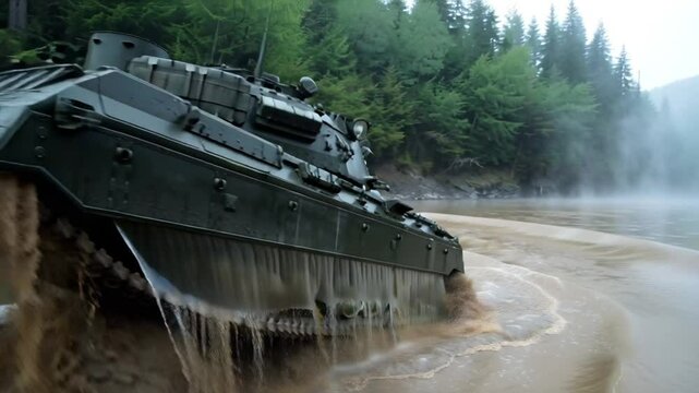An armored amphibious vehicle emerges from a muddy river, creating dynamic splashes as it ascends the riverbank in a foggy forest setting. The military-grade vehicle demonstrates its all-terrain capab