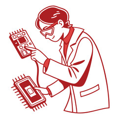 Scientist Examining Microchip Circuitry in Red Illustration