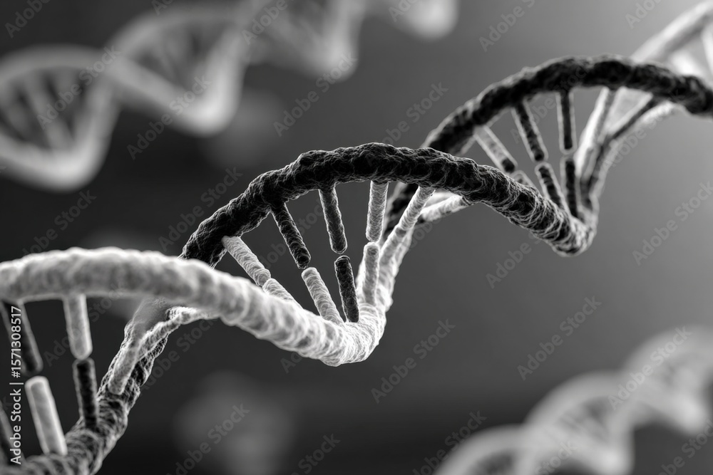 Poster Close-up view of detailed helix DNA strands with molecular structure in grayscale emphasizing genetic science and biotechnology concepts
