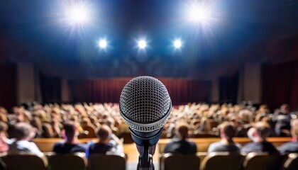 solitary microphone positioned on stage rostrum waiting before dimly lit conference hall audience
