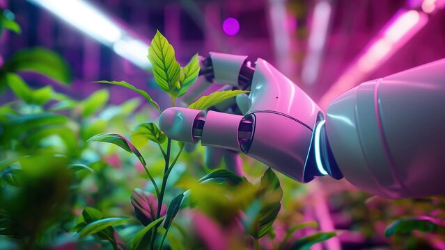 A robotic hand touches a green plant in an indoor farm with purple and blue lights. Agriculture technology, future farming concept. - Powered by Adobe