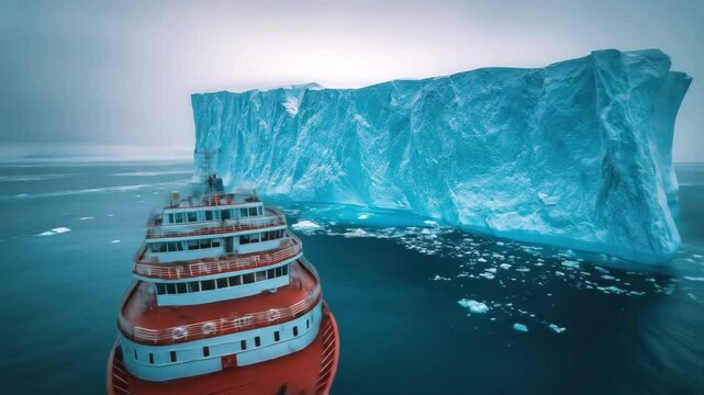 Large iceberg and ship in frigid waters