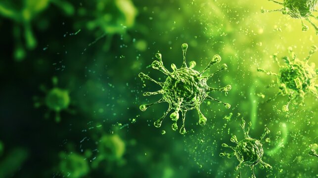 A green virus with a green background. The virus is in motion, with a green color scheme and a green background.